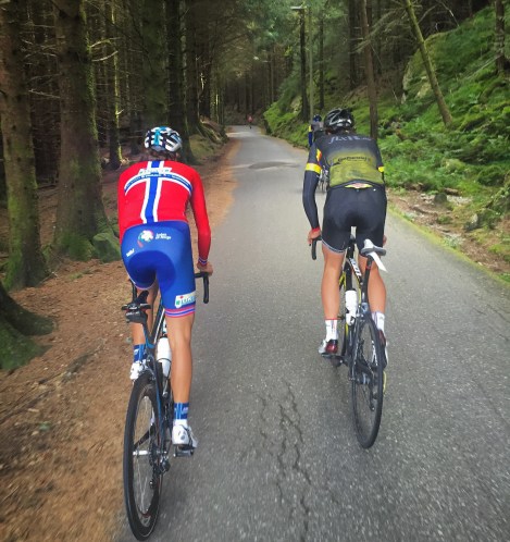 Som bonus er det også flott natur på vei oppover, her på hjulet til Odd og Henrik mens David har lagt inn et aldri så lite rykk som han ofte gjør.!